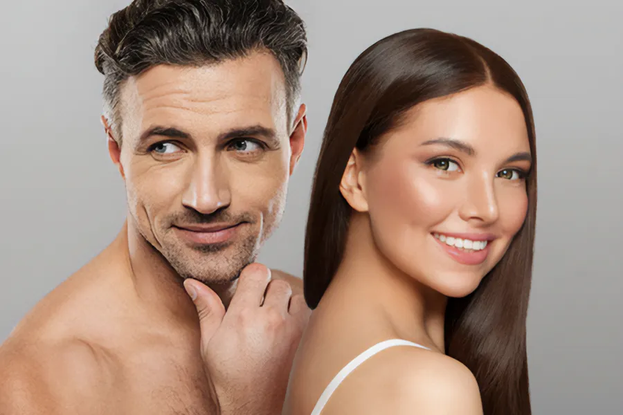 Aesthetics-Cosmetics-Doctor A handsome man and beautiful brunette woman stand against a gray background showing their smooth beautiful skin resulting from aesthetic and cosmetic care from Dr. Noelani Rodriguez in San Diego.
