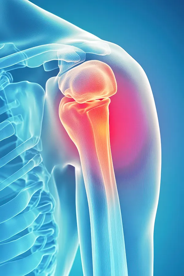 Frozen-Shoulder-Treatment A vivid, anatomical digital rendering of a human shoulder, showcasing the bones of the shoulder joint highlighted with a red glow showing inflammation at the joint. Dr. Noelani Rodriguez offers advanced Frozen Shoulder treatment in San Diego.