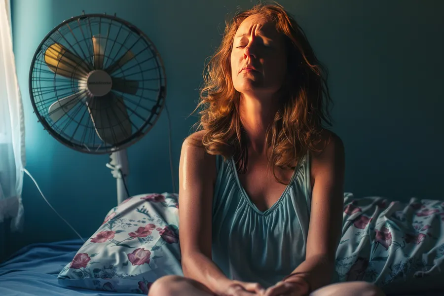 Hot-Flashes-and-Night-Sweats-Clinic A middle-aged red-haired woman sits in bed sweating with a fan behind her, unable to sleep. Get treatment for hot flashes and night sweats from Dr. Noelani Rodriguez in San Diego.