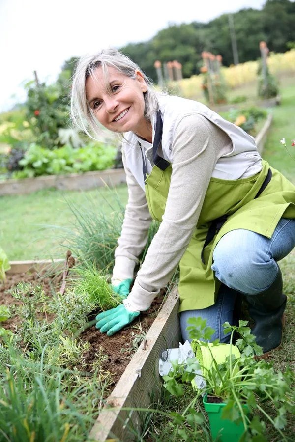 Rheumatoid-Arthritis-Treatment A mature woman bending down working on her garden happily after successful rheumatoid arthritis treatment from Dr. Noelani Rodriguez in San Diego.