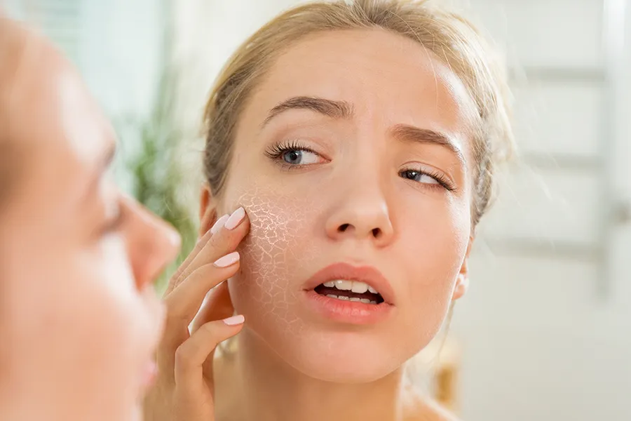 Sjogrens-Syndrome-Clinic Concerned woman examining dry, flaky skin on her face in the mirror. Get relief from Dr. Noelani Rodriguez's expert functional medicine for Sjogren's Syndrome treatment in San Diego.